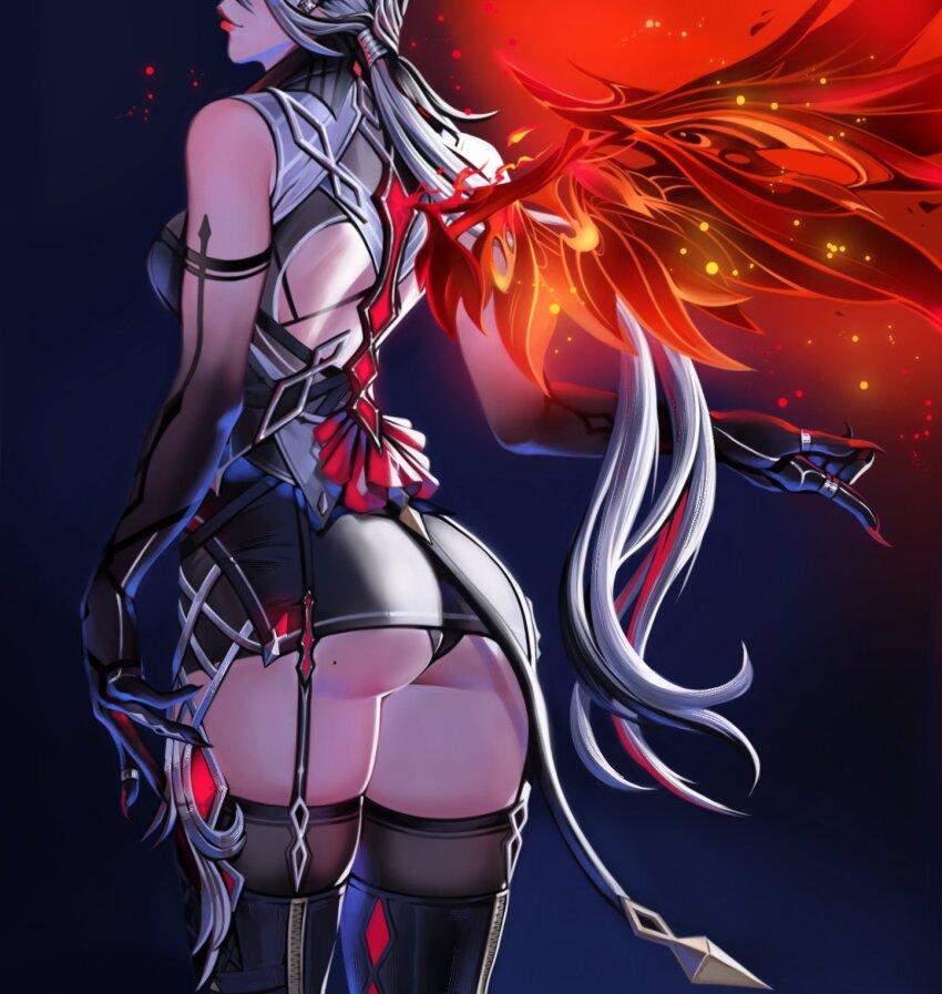 1girl arlecchino_(genshin_impact) arm_tattoo ass bare_shoulders black_skirt black_thighhighs commentary cowboy_shot garter_straps genshin_impact grey_hair highres long_hair low_ponytail lunart miniskirt ponytail red_lips skirt sleeveless smile solo standing tattoo thighhighs underbutt very_long_hair