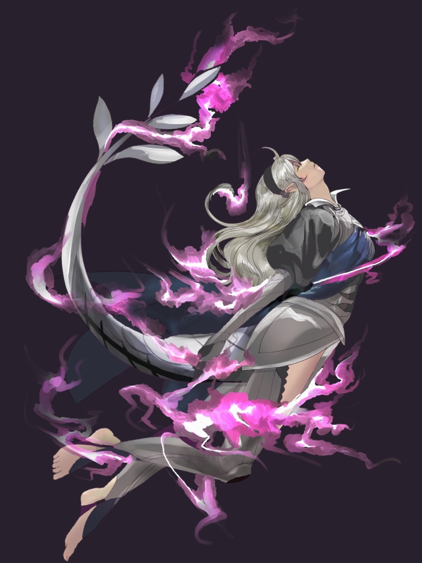 1girl armor aura barefoot bavaa black_background black_gloves cape closed_eyes female_corrin_(fire_emblem) dark_aura dragon_tail feet fire_emblem fire_emblem_fates fire_emblem_heroes gloves hairband highres long_hair nintendo outstretched_arms silver_hair simple_background tail toes unconscious