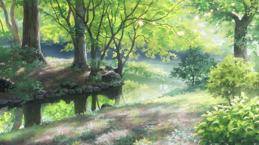 bare_tree bush commentary day forest highres nature no_humans original outdoors reflection reflective_water sawitou_mizuki scenery stream symbol-only_commentary tree water
