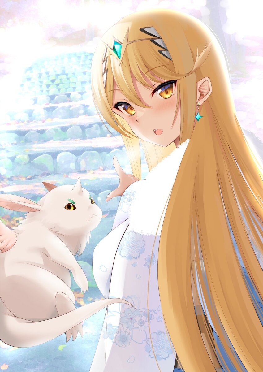 1girl alternate_costume azurda_(xenoblade) blonde_hair daive earrings highres japanese_clothes jewelry kimono long_hair mythra_(xenoblade) nintendo solo very_long_hair xenoblade_chronicles_(series) xenoblade_chronicles_2 yellow_eyes