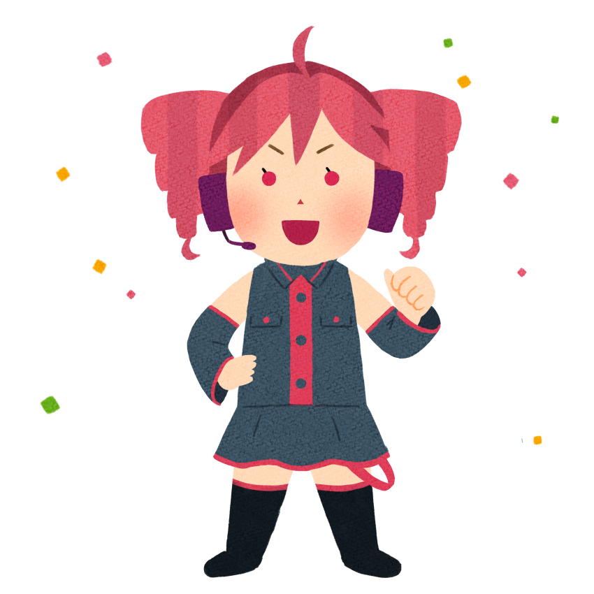 1girl absurdres ahoge black_socks blush catsox deformed detached_sleeves drill_hair headphones highres irasutoya kasane_teto kasane_teto_(utau) looking_at_viewer mifune_takashi_(style) open_mouth red_eyes red_hair shirt skirt sleeveless sleeveless_shirt socks solo twin_drills utau white_background