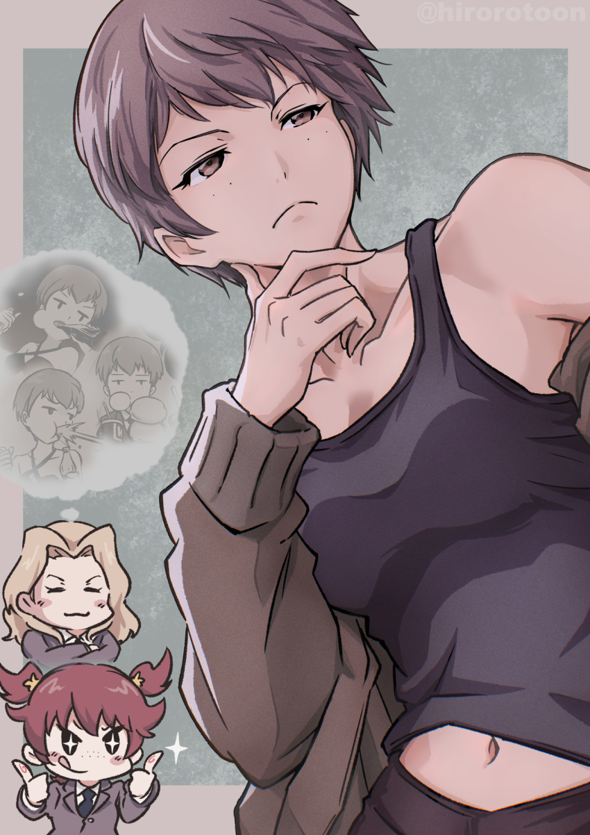 alisa_(girls_und_panzer) black_necktie black_tank_top blonde_hair brown_hair brown_jacket chibi double_thumbs_up ehirorotoon girls_und_panzer highres jacket kay_(girls_und_panzer) naomi_(girls_und_panzer) necktie saunders_military_uniform short_hair speech_bubble stomach tank_top thought_bubble thumbs_up