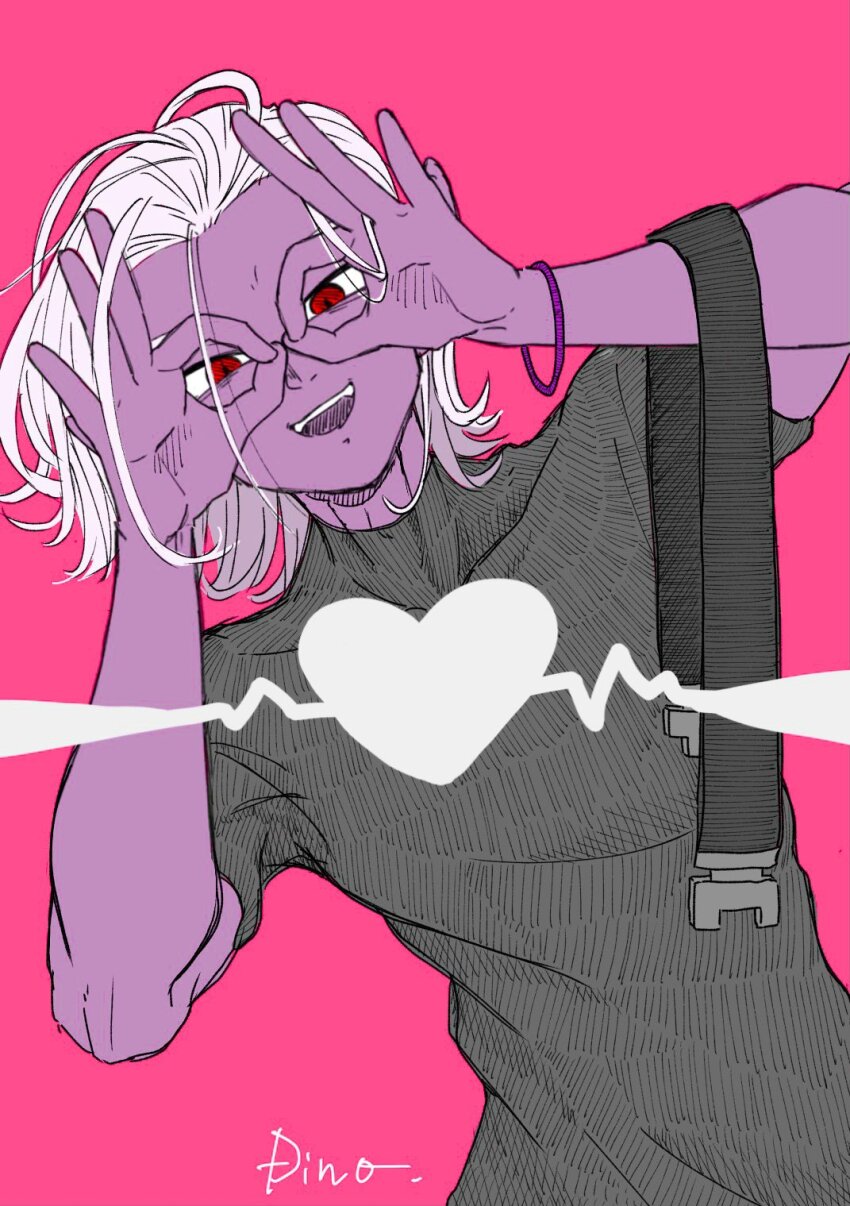 1boy alternate_body_size artist_name belt colored_skin commentary_request demon_boy dino_(dino_2nd) dragon_ball dragon_ball_heroes dragon_ball_xenoverse fu_(dragon_ball) grey_shirt hands_on_own_face head_tilt heart highres looking_at_viewer male_focus medium_hair no_eyewear open_mouth pink_background pointy_ears purple_skin red_eyes shirt short_sleeves signature sketch slit_pupils smile solo teeth unworn_belt upper_body upper_teeth_only white_hair