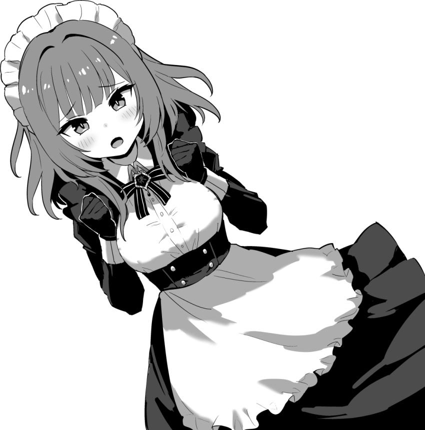 1girl apron azur_lane azur_lane:_slow_ahead blush bow bowtie buttons devonshire_(azur_lane) dress emblem gloves greyscale hands_up hori_(hori_no_su) long_sleeves looking_at_viewer maid maid_headdress medium_hair monochrome official_art open_mouth simple_background solo taut_clothes taut_dress waist_apron white_background