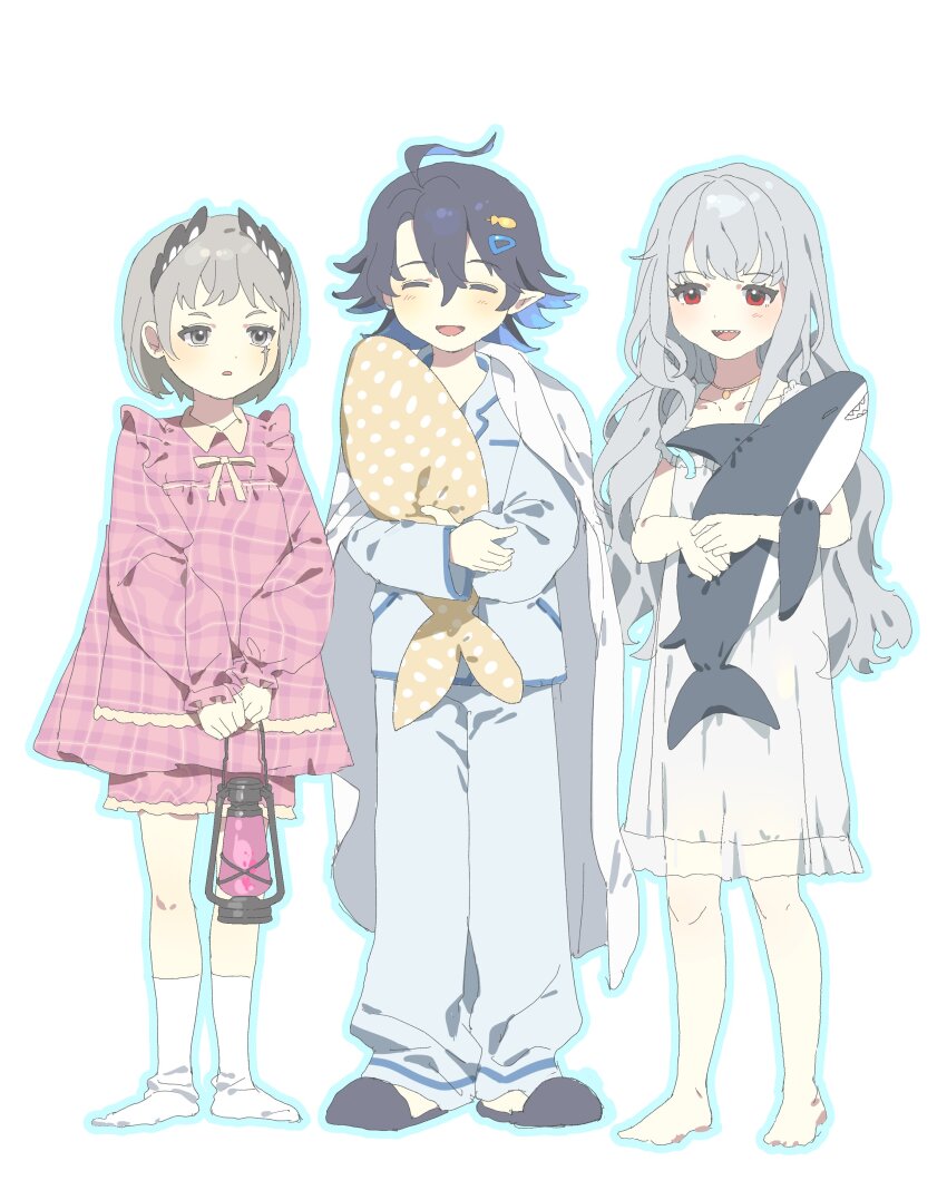 1boy 2girls absurdres aehobakjeon aged_down alternate_costume arknights barefoot black_hair closed_eyes commentary_request grey_eyes grey_hair highres holding holding_lantern holding_stuffed_toy irene_(arknights) korean_commentary lantern long_hair long_sleeves lumen_(arknights) multiple_girls pajamas pointy_ears puffy_long_sleeves puffy_sleeves red_eyes sharp_teeth short_sleeves slippers socks specter_(arknights) specter_the_unchained_(arknights) stuffed_animal stuffed_shark stuffed_toy teeth white_socks wide_sleeves