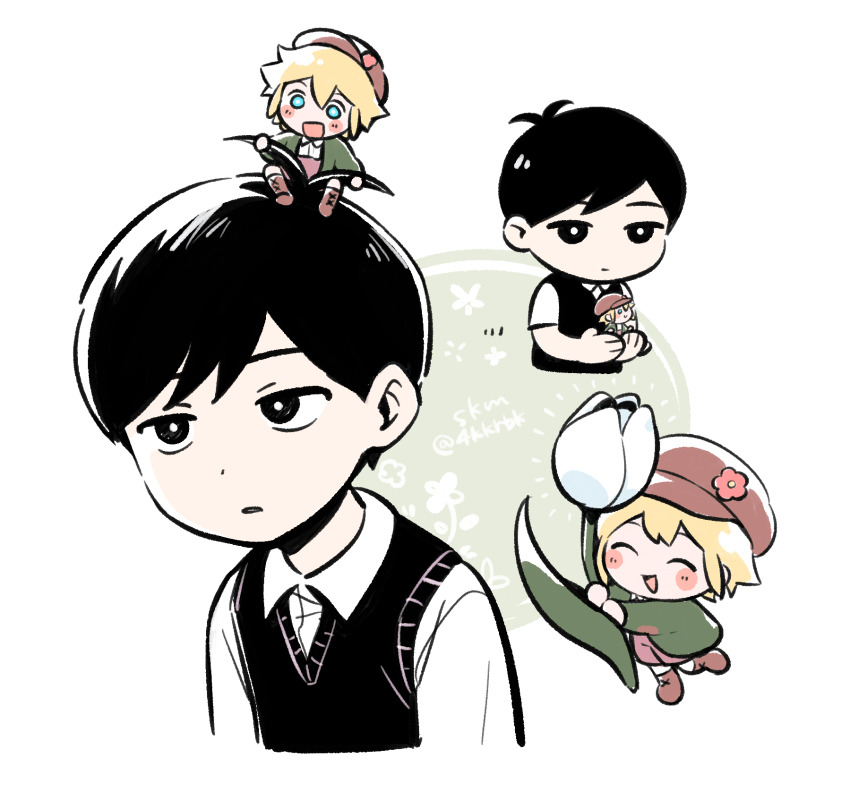 2boys 4kkrbk antenna_hair basil_(faraway)_(omori) basil_(omori) black_eyes black_hair blonde_hair blue_eyes boots bright_pupils brown_boots brown_hat brown_overalls chibi closed_eyes collared_shirt flower hat highres holding holding_flower male_focus mini_person miniboy multiple_boys official_alternate_costume omori open_mouth overall_shorts overalls shirt short_hair short_sleeves sitting sunny_(omori) tulip twitter_username white_flower white_pupils white_shirt white_tulip