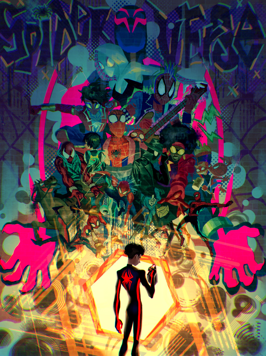 6+boys absurdres backpack bag bag_over_head black_hair bodysuit cat character_request earrings fedora greenless_417 guitar gun handgun hat highres holding holding_guitar holding_gun holding_instrument holding_mallet holding_mask holding_plectrum holding_weapon hood horse instrument jessica_drew_(spider-man:_across_the_spider-verse) jewelry mallet marvel mask mayday_parker miles_morales multiple_boys multiple_girls paper_bag peni_parker plectrum scarlet_spider school_uniform skirt spider-cat spider-ham spider-horse spider-man spider-man:_across_the_spider-verse spider-man_(2099) spider-man_(series) spider-man_india spider-man_noir spider-verse weapon