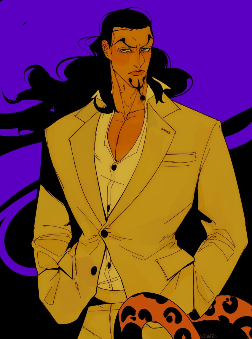 1boy black_hair closed_mouth collared_shirt commentary cowboy_shot facial_hair floating_hair goatee hands_in_pockets highres leopard_tail long_hair male_focus one_piece purple_background rob_lucci shirt solo tail wesaier white_shirt