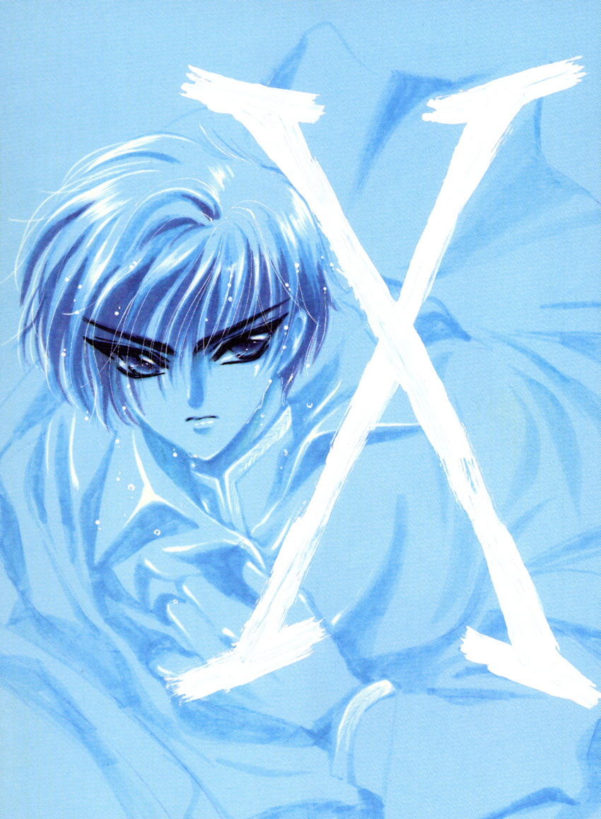 &gt;:( artbook blue_background blue_eyes blue_theme clamp clothes_grab frown hand_on_own_chest highres long_sleeves male_focus official_art scan shirou_kamui short_hair solo x x_(manga)