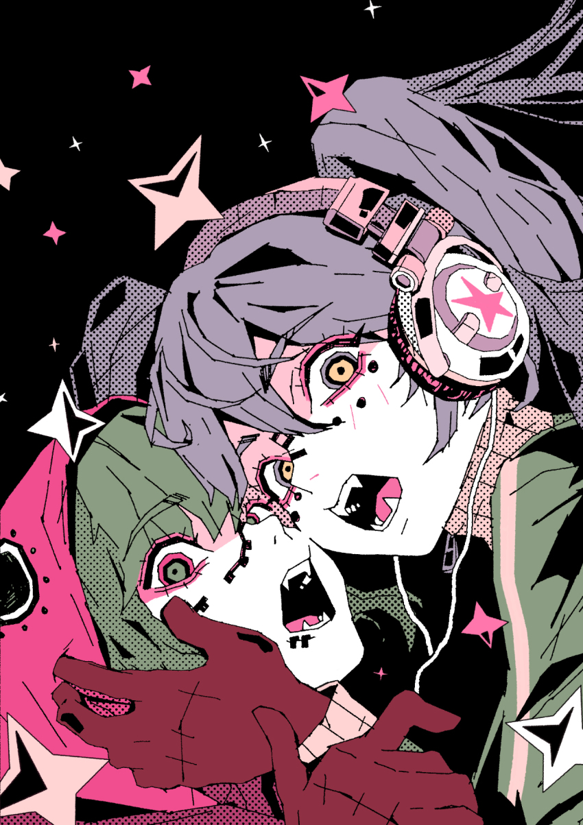 2girls arkestar black_background blue_hair brown_gloves cheek-to-cheek commentary english_commentary eyebrows_hidden_by_hair facial_mark fangs gloves green_hair green_jacket gumi hand_on_another&#039;s_cheek hand_on_another&#039;s_face hatsune_miku headphones heads_together highres hood hood_up jacket long_hair long_sleeves looking_at_viewer matryoshka_(vocaloid) multicolored_eyes multiple_girls open_mouth ringed_eyes short_hair sparkle star_(symbol) teeth track_jacket twintails upper_body vocaloid zipper_pull_tab