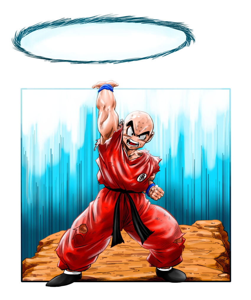 1boy bald bald_male dragon_ball highres kienzan kuririn looking_at_viewer muscular muscular_male scratches serious solo torn_clothes