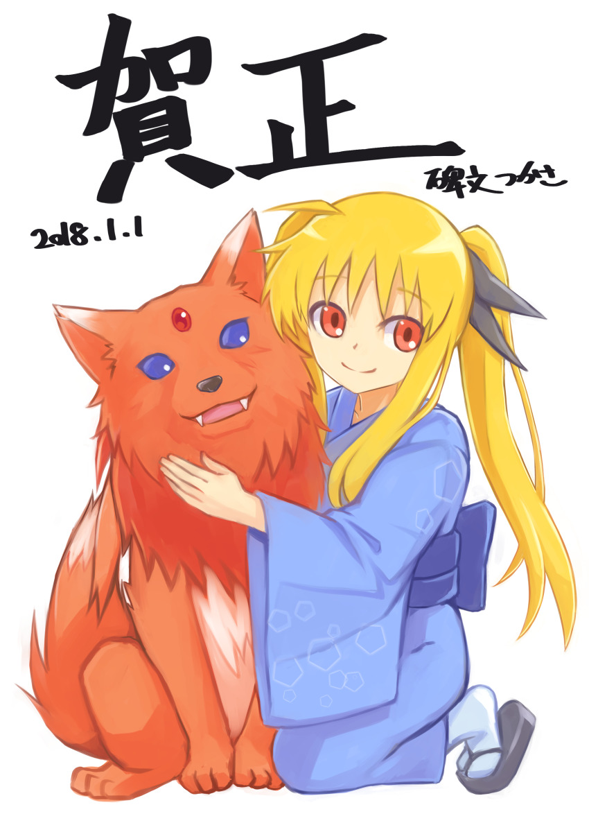 1girl absurdres arf artist_name black_footwear black_ribbon blonde_hair blue_kimono closed_mouth commentary dated dog fate_testarossa hair_ribbon hibun_tsukasa highres hug japanese_clothes kimono kneeling long_hair long_sleeves looking_at_viewer lyrical_nanoha mahou_shoujo_lyrical_nanoha nengajou new_year obi red_eyes ribbon sandals sash signature simple_background smile socks tabi translated white_background white_socks zouri