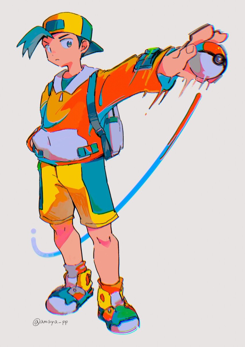 1boy amaya_uw backwards_hat blurry closed_mouth ethan_(pokemon) grey_background hat highres holding holding_poke_ball jacket knees looking_to_the_side male_focus motion_blur nintendo outstretched_arm poke_ball poke_ball_(basic) pokemon pokemon_gsc shirt shoes shorts solo standing twitter_username watermark yellow_shorts