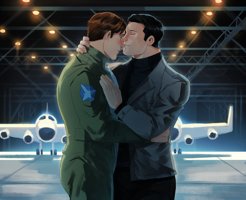 2boys absurdres bara batman_(series) black_hair black_pants black_shirt blush brown_hair bruce_wayne closed_mouth couple dc_comics green_jumpsuit green_lantern_(series) grey_jacket hal_jordan haljordanmylove highres jacket jumpsuit large_pectorals looking_at_another male_focus multiple_boys muscular muscular_male open_clothes open_jacket open_jumpsuit pants pectorals shirt short_hair white_shirt yaoi