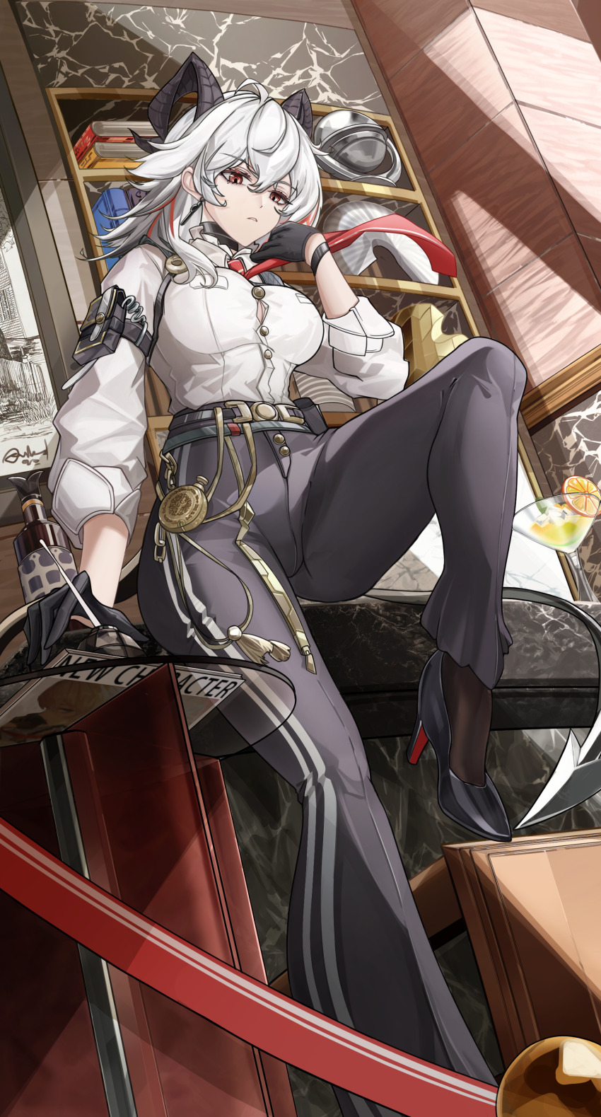1girl absurdres ahoge arm_pouch black_choker black_gloves black_horns black_pants black_pouch black_shoes black_tail breasts button_gap choker cleavage commentary_request curled_horns demon_horns demon_tail earrings gloves grey_hair hair_between_eyes hand_up high_heels highres horns jewelry key_earrings large_breasts long_hair multicolored_hair my_neighbor_totoro_yerby necktie pants parted_lips partial_commentary pocket_watch red_eyes red_necktie shirt shirt_tucked_in shoes solo streaked_hair tail watch white_hair white_shirt wuthering_waves zani_(wuthering_waves)