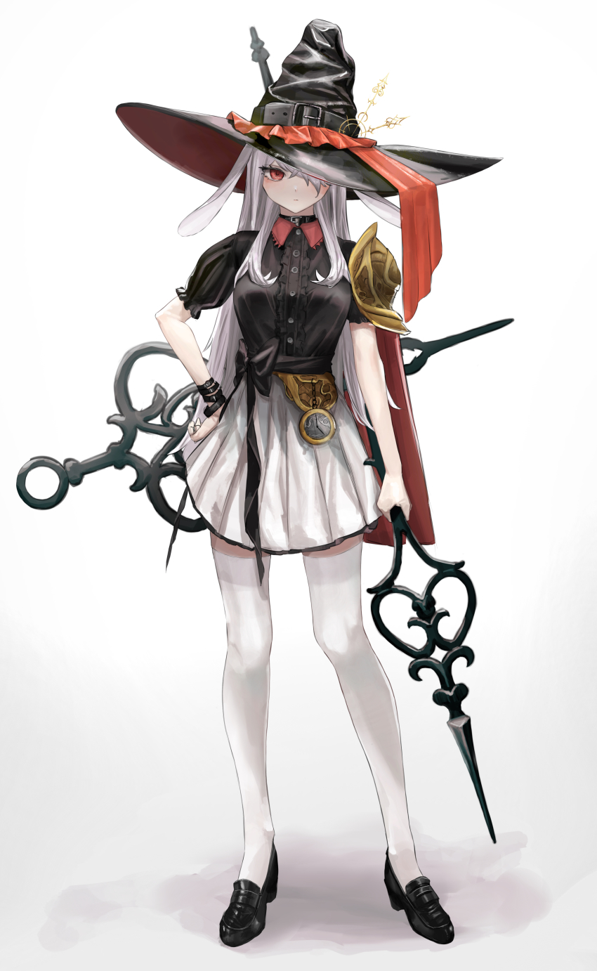 1girl absurdres alice_(masterwork_apocalypse) alice_in_wonderland belt black_belt black_bow black_shirt black_shoes bow breasts buckle buttons clock closed_mouth collared_shirt expressionless full_body gradient_background hand_on_own_hip hat highres holding holding_weapon loafers looking_at_viewer medium_breasts one_eye_covered pleated_skirt red_eyes sawatani_(_swt2) shirt shoes shoulder_pads skirt solo standing thighhighs weapon white_background white_skirt white_thighhighs witch_hat