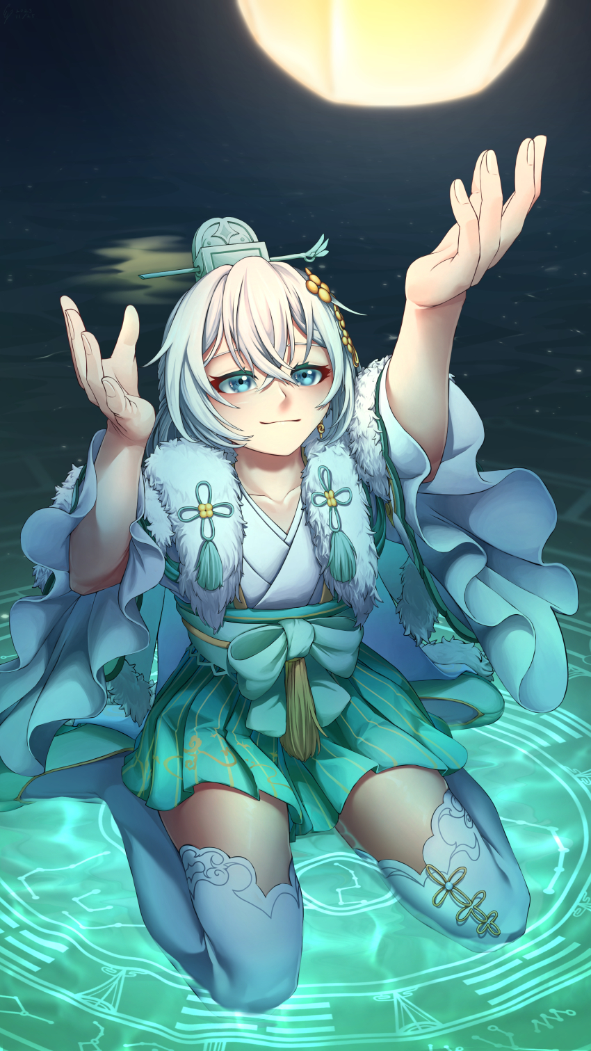 1girl absurdres aqua_eyes chinese_clothes closed_mouth earrings ej_com_dd full_body hair_ornament highres honkai_(series) honkai_impact_3rd jewelry lantern paper_lantern single_earring sitting smile solo theresa_apocalypse thighhighs wariza water white_hair white_thighhighs zhuge_kongming_(honkai_impact)
