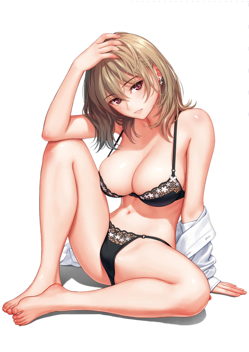 1girl absurdres belly black_bra black_panties blonde_hair bra breasts brown_eyes cleavage covered_erect_nipples earrings highres holding homunculus_(alchemynote) jewelry large_breasts original panties photoshop_(medium) shirt thick_thighs thighs third-party_edit third-party_extraction underwear white_background white_shirt