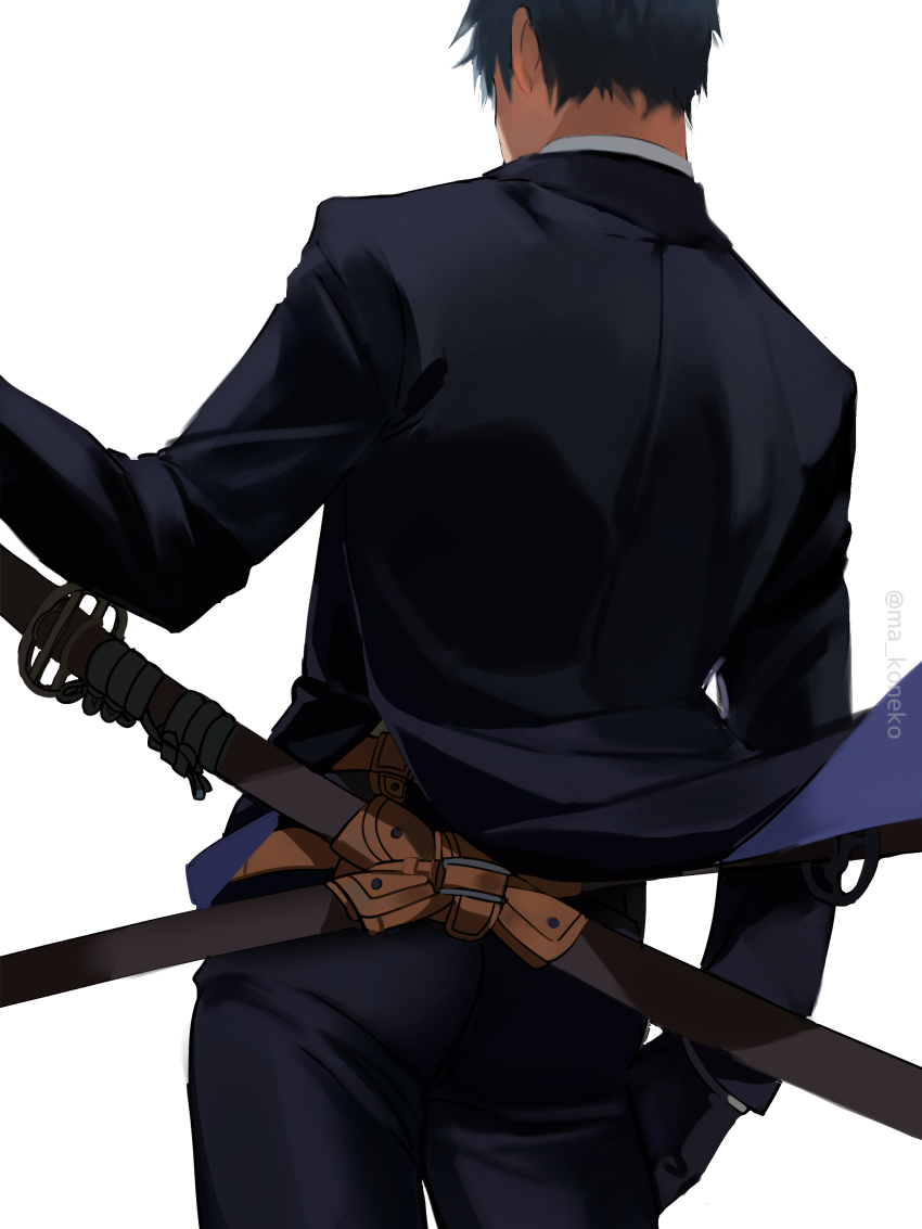 1boy absurdres black_gloves black_suit fate/grand_order fate_(series) formal_clothes from_behind gloves grey_hair highres katana ma_koneko male_focus saitou_hajime_(fate) suit sword twitter_username weapon weapon_on_back white_background