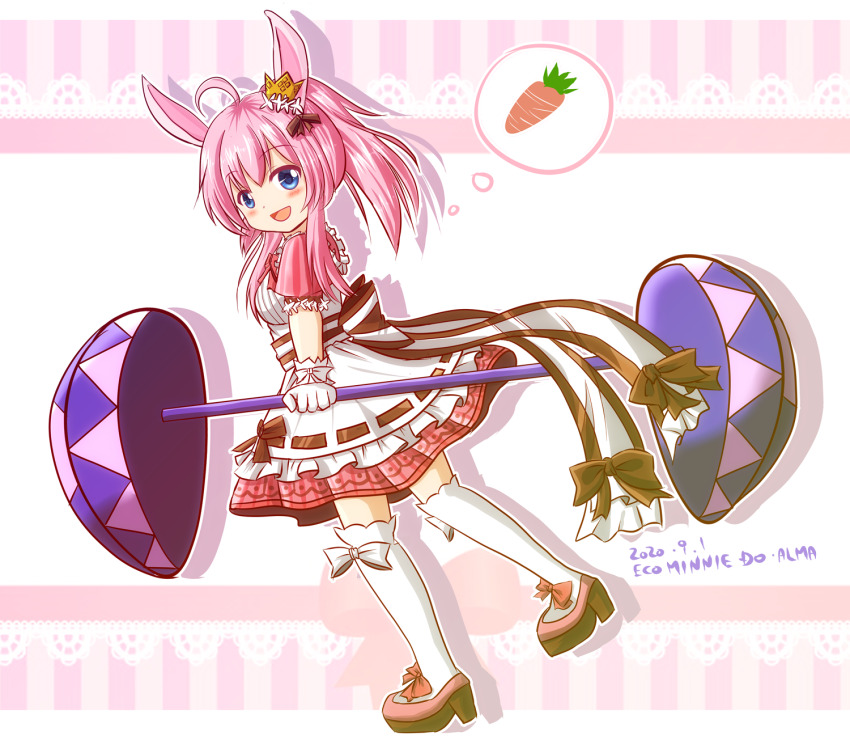 ahoge animal_ears apron black_ribbon blue_eyes boots carrot character_name crown dated dress emil_chronicle_online frilled_apron frills highres holding minnie_doe_alma pink_boots pink_dress pink_hair ponytail rabbit_ears rabbit_girl ribbon thighhighs white_thighhighs yanapy