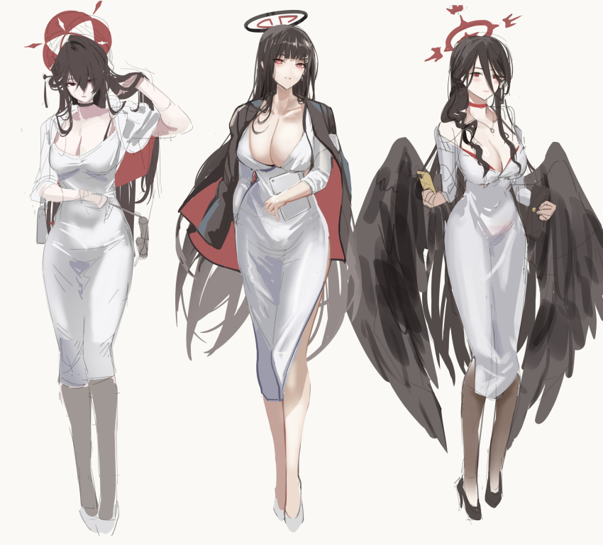 1girl alternate_costume black_choker black_hair black_wings blue_archive blunt_bangs breasts cellphone choker cleavage dongtan_dress dress feathered_wings grey_dress hair_ornament hairclip halo haowei_wu hasumi_(blue_archive) highres holding holding_phone holding_tablet_pc huge_breasts kokuriko_(blue_archive) large_breasts long_hair looking_at_viewer meme_attire mole opera_glasses phone red_eyes red_halo rio_(blue_archive) sketch smartphone solo tablet_pc very_long_hair white_dress wings