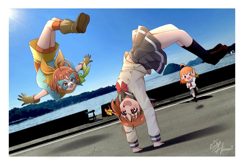 &gt;_o 3girls :d ;d absurdres ahoge artist_name black_socks blue_cape blue_sky boots border bow bowtie brown_footwear brown_gloves buttons cape cartwheel chika_(genjitsu_no_yohane) clover_hair_ornament commentary day double-breasted dutch_angle english_commentary eye_mask genjitsu_no_yohane gloves grey_sailor_collar grey_skirt hair_bow hair_ornament hairclip highres loafers long_sleeves love_live! love_live!_sunshine!! midriff_peek miniskirt multiple_girls multiple_persona neckerchief never_giving_up!_(love_live!) official_style one_eye_closed open_mouth orange_bow orange_hair orange_shirt photo_background pleated_skirt red_bow red_bowtie red_eyes red_neckerchief sailor_collar school_uniform serafuku shadow shirt shoes short_sleeves signature ska.harumi skirt sky smile socks summer_uniform takami_chika teeth tie_clip upper_teeth_only uranohoshi_school_uniform white_border white_shirt winter_uniform yellow_skirt
