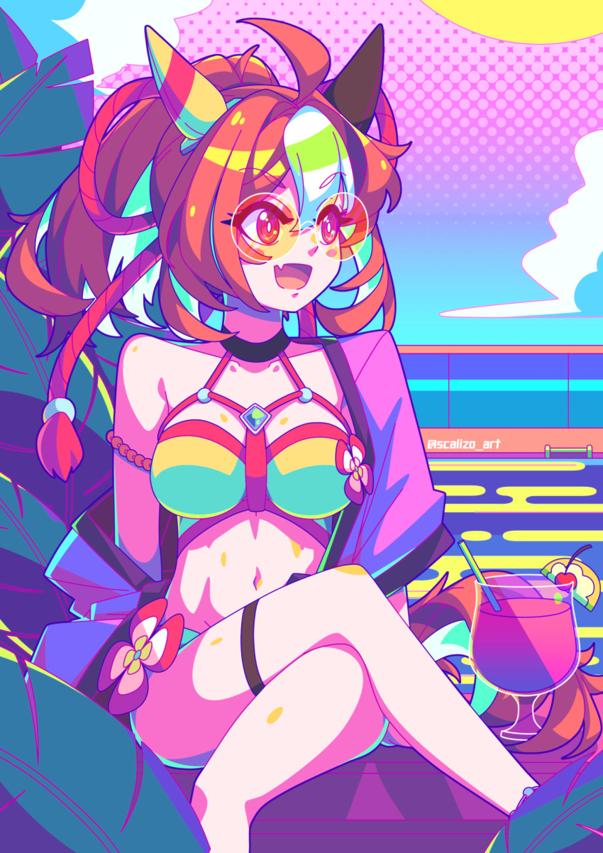 1girl alternate_costume alternate_hairstyle bespectacled between_breasts breasts brown_hair copano_rickey_(umamusume) drink fang flower glasses highres horse_girl long_hair medium_breasts navel open_mouth scalizo solo swimsuit umamusume
