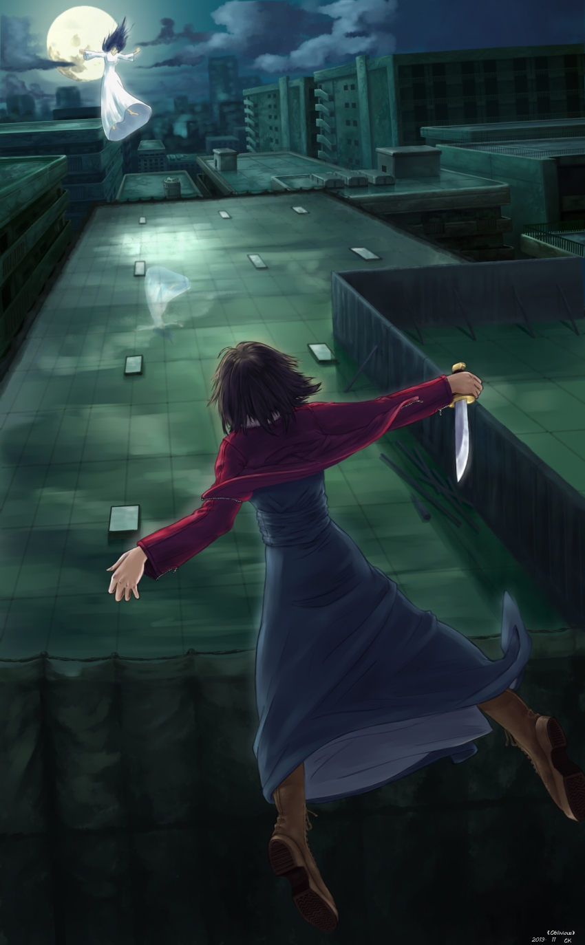 2girls bad_id bad_pixiv_id black_hair boots dated fujou_kirie full_body highres jacket japanese_clothes kara_no_kyoukai kimono knife long_hair multiple_girls red_jacket reverse_grip ryougi_shiki short_hair yuuko-san