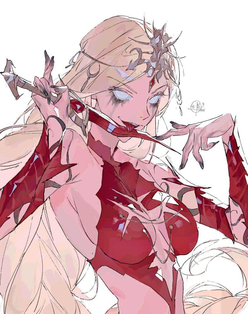 1girl baldur&#039;s_gate baldur&#039;s_gate_3 black_nails blonde_hair breasts cleavage cleavage_cutout clothing_cutout commentary_request dungeons_&amp;_dragons forehead_jewel halterneck headpiece highres holding holding_weapon large_breasts licking licking_weapon makeup narrow_waist orin_the_red runny_makeup sagging_breasts sepo_(mito609) signature solo upper_body weapon white_eyes