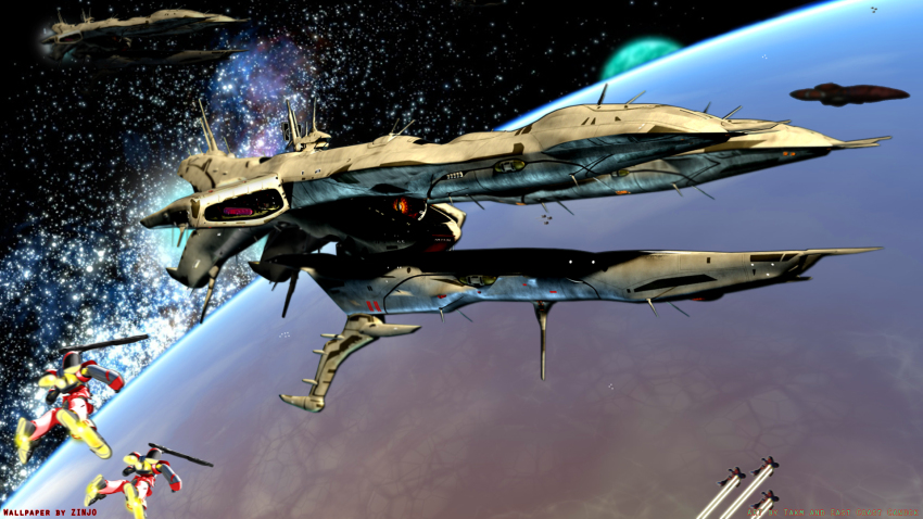 alien armor cannon east_coast_canuk epic fleet flemenmik flying galaxy highres macross mecha nousjadeul-ger original planet power_armor realistic robot science_fiction space spacecraft star_(symbol) takm zentradi zinjo