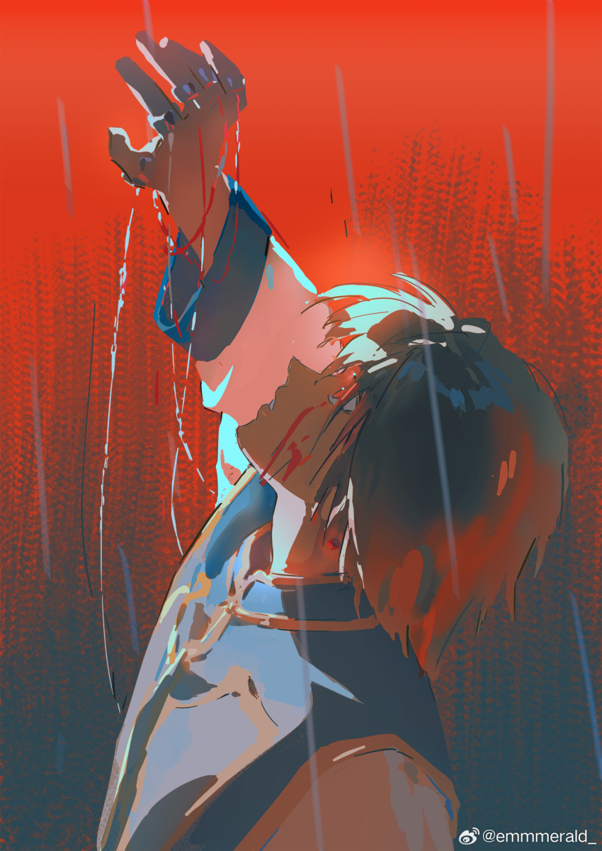1boy blonde_hair blood blood_on_face emmmerald gradient_background hand_up highres hunter_x_hunter jewelry kurapika looking_up multiple_rings red_background ring solo string tabard upper_body watermark weibo_username weibo_watermark