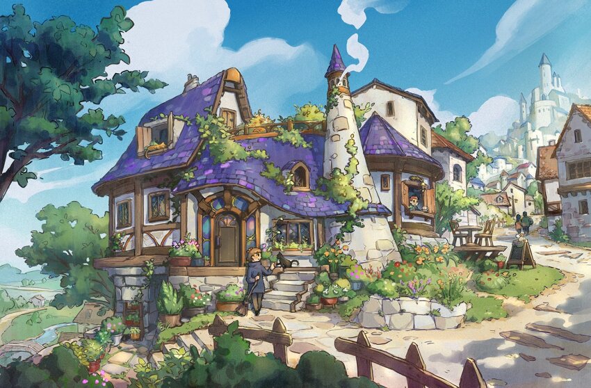 2boys 2girls black_cat black_shoes blue_dress blue_sky bridge broom brown_hair brown_pants castle cat chimney chinese_commentary city cloud cobblestone commentary_request cup dress facing_away facing_viewer fence flower hair_ribbon holding holding_broom ivy long_hair long_sleeves looking_at_animal medieval medium_hair multiple_boys multiple_girls open_window open_window_shutter orange_cat orange_flower original outdoors pants pink_flower pink_ribbon plant porch potted_plant profile red_flower ribbon road saucer scenery shoes short_hair sign sky smoke stained_glass stairs standing stone_stairs stone_wall street table tower tree walking_away white_flower window wooden_chair wooden_fence wooden_table yliufour