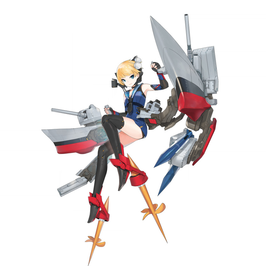 1girl aqua_eyes artist_request black_gloves black_neckerchief black_shorts black_thighhighs blonde_hair blue_dress blue_sailor_collar breasts charles_f._adams_(warship_girls_r) dress elbow_gloves full_body gloves headgear highres looking_at_viewer missile neckerchief official_art propeller_footwear rigging sailor_collar short_hair shorts shorts_under_dress small_breasts solo thighhighs transparent_background warship_girls_r