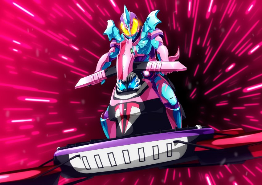 2boys aircraft alternate_form armor blue_armor rider_belt faiz highres honeycomb_(pattern) honeycomb_background hover_bike kamen_rider kamen_rider_revi kamen_rider_revice kamen_rider_vice male_focus multiple_boys otokamu ptera_genome pterosaur revice_driver rider_belt riding_machine simple_background stamp_mark tokusatsu vistamp yellow_eyes