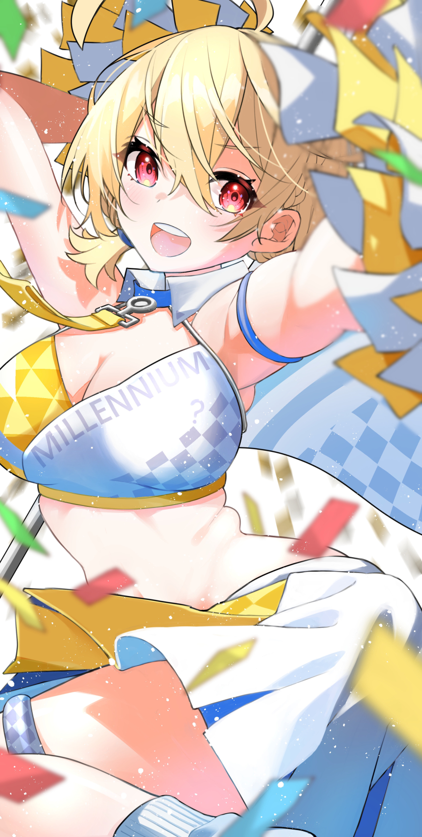 1girl :d absurdres armpits blonde_hair blue_archive breasts cheering cheerleader cleavage commentary confetti crop_top detached_collar feet_out_of_frame highres holding holding_pom_poms kotori_(blue_archive) kotori_(cheer_squad)_(blue_archive) large_breasts light_particles millennium_cheerleader_outfit_(blue_archive) official_alternate_costume ogata_(ogt_illust) open_mouth pom_pom_(cheerleading) pom_poms red_eyes smile solo teeth upper_teeth_only white_background