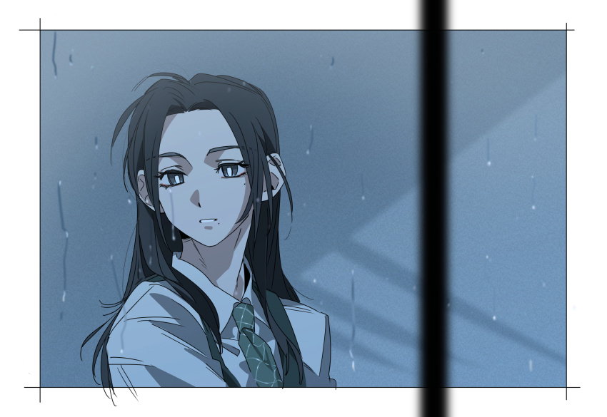 1girl absurdres black_hair border chinese_commentary collared_shirt commentary_request friendly_rivalry green_necktie highres long_hair molu_stranger necktie parted_lips rain shirt solo white_border white_shirt yoo_je-i