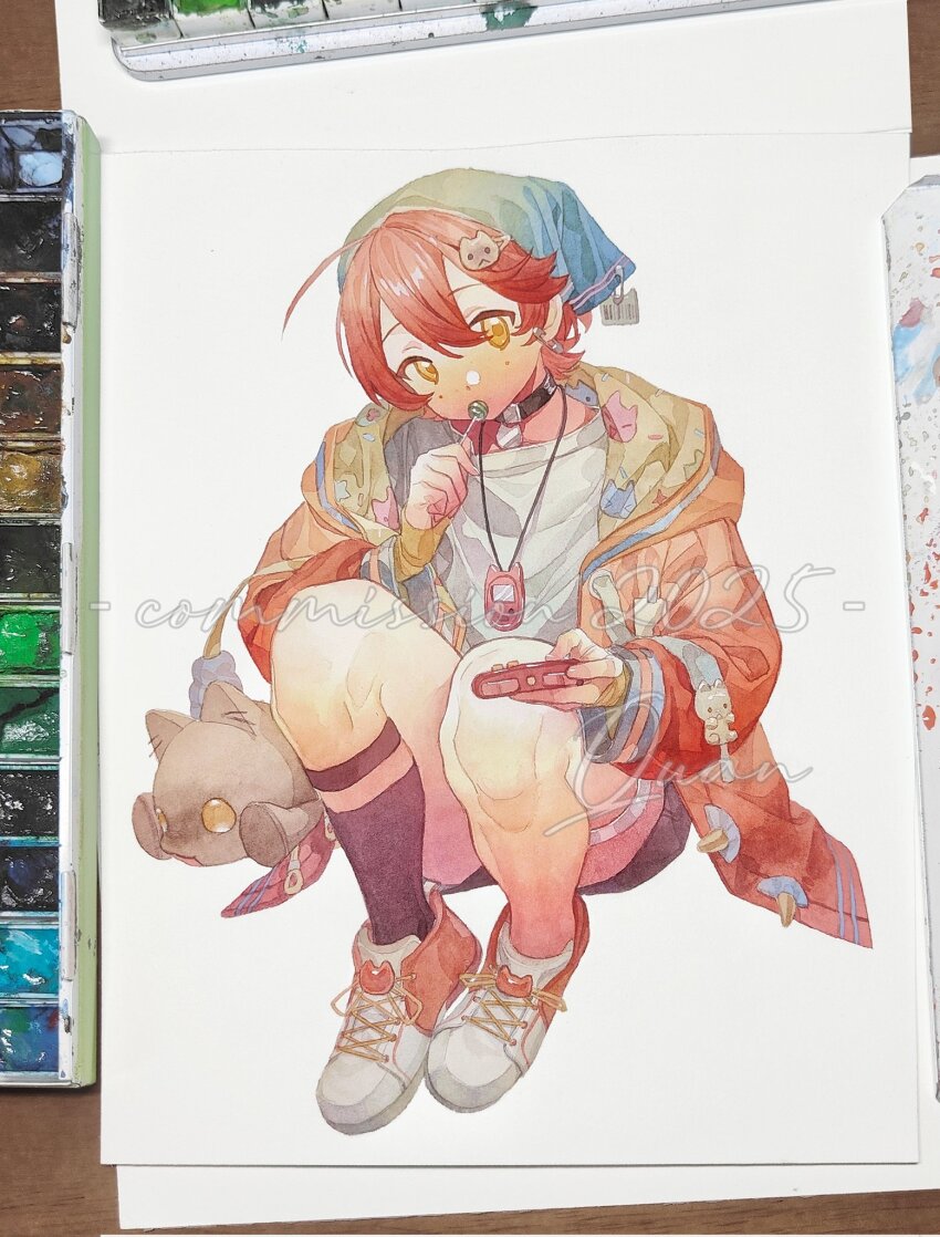 1girl black_shorts candy cat food food_in_mouth full_body handheld_game_console headscarf highres hood hooded_coat kneeling lollipop looking_at_viewer mole mole_on_cheek on_floor original quan_1919 shirt shoes shorts sitting sneakers solo t-shirt watercolor_effect