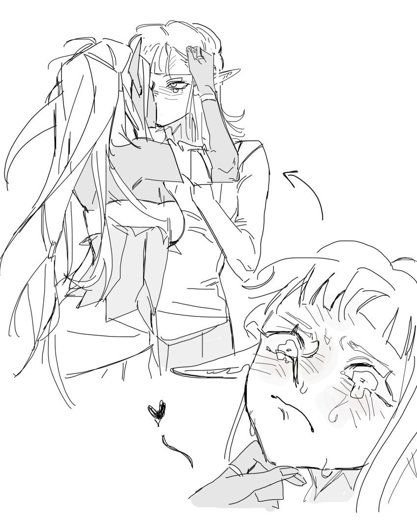 2girls bracelet cithis crying crying_with_eyes_open dark-skinned_female dark_skin dungeon_meshi elf hand_on_another&#039;s_chin heart highres jewelry kazari_2001 kiss long_hair medium_hair monochrome multiple_girls pattadol pointy_ears sketch tears yuri