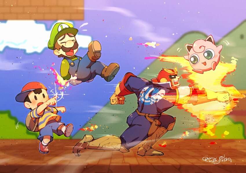 3boys black_hair blue_bodysuit blue_overalls bodysuit brown_hair captain_falcon f-zero facial_hair falcon_punch fire gen_1_pokemon gloves green_hat green_shirt hanaon hat helmet highres jigglypuff luigi mario_(series) mother_(series) mother_2 multiple_boys mustache ness_(mother_2) nintendo overalls pokemon pokemon_(creature) red_helmet shirt short_hair signature super_smash_bros.