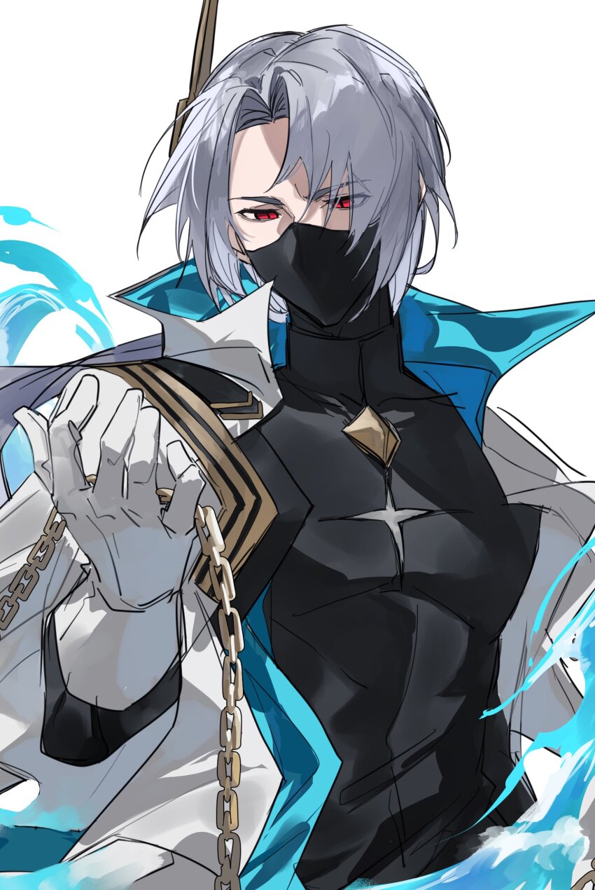1boy absurdres arknights black_shirt chain coat gloves grey_hair highres holding holding_chain looking_down male_focus mask mouth_mask official_alternate_costume red_eyes shirt simple_background solo toned toned_male ulpianus_(arknights) ulpianus_(staring_into_the_abyss)_(arknights) upper_body water white_background white_coat white_gloves yakota_(usuk-yako)