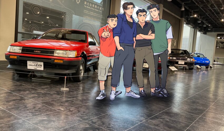 4boys absurdres black_eyes black_footwear black_hair black_pants black_shirt blue_car blue_shirt brown_pants car character_request collarbone collared_shirt convertible eunos_roadster green_shirt grey_footwear grey_shorts highres hisano_(hisano_ff14) initial_d looking_at_viewer male_focus mazda mazda_mx-5 mazda_mx-5_na mercedes-benz mercedes-benz_190e motor_vehicle multiple_boys nakazato_takeshi nissan nissan_skyline nissan_skyline_gt-r nissan_skyline_r32 pants red_car red_shirt shirt shoes shorts smile sneakers sports_car suetsugu_toru takeuchi_itsuki toyota toyota_sprinter_trueno v