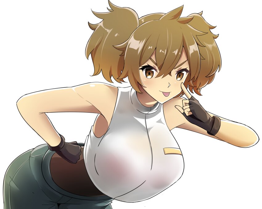 1girl absurdres black_gloves breasts brown_eyes brown_hair commission gloves green_pants gundam gundam_suisei_no_majo highres large_breasts leaning_forward pants renee_costa see-through_clothes solo sudhiro_sappurisa tongue tongue_out twitter white_background