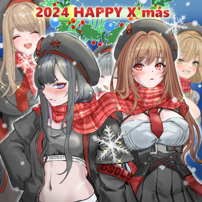 2024 5girls absolute_(nikke) absurdres anis_(nikke) asymmetrical_bangs beret black_coat black_hair black_hat black_jacket black_skirt black_sports_bra blonde_hair blush breasts brown_hair buckle cleavage closed_eyes closed_mouth coat commentary_request cowboy_shot emma_(nikke) eunhwa_(nikke) frown goddess_of_victory:_nikke grey_hair hair_between_eyes hand_in_pocket hat highres jacket large_breasts long_hair long_sleeves looking_at_viewer medium_breasts medium_hair midriff mole mole_under_mouth multicolored_hair multiple_girls navel necktie nose_blush official_alternate_costume open_clothes open_coat open_mouth plaid_clothes plaid_scarf pleated_skirt purple_eyes purple_hair rapi_(nikke) rapi_(red_hood)_(nikke) red_eyes red_necktie red_scarf rilyriri scarf shared_clothes shared_scarf shirt short_hair sidelocks skirt smile snap-fit_buckle sports_bikini sports_bra standing swept_bangs teeth upper_teeth_only vesti_(nikke) white_shirt yellow_eyes