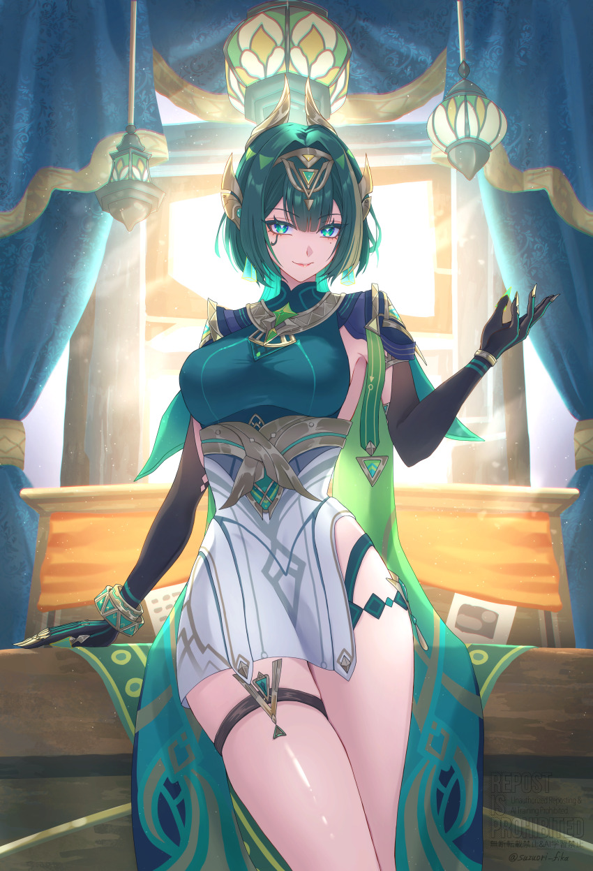 1girl absurdres ancient_egyptian_clothes black_gloves breasts claws closed_mouth commentary_request elbow_gloves eye_tattoo genshin_impact gloves green_eyes green_hair headpiece highres indoors looking_at_viewer mark_under_eye medium_breasts mole mole_under_eye nefer_(genshin_impact) short_hair smile solo suzuori_fika symbol-shaped_pupils tattoo thigh_strap thighs triangle-shaped_pupils usekh_collar