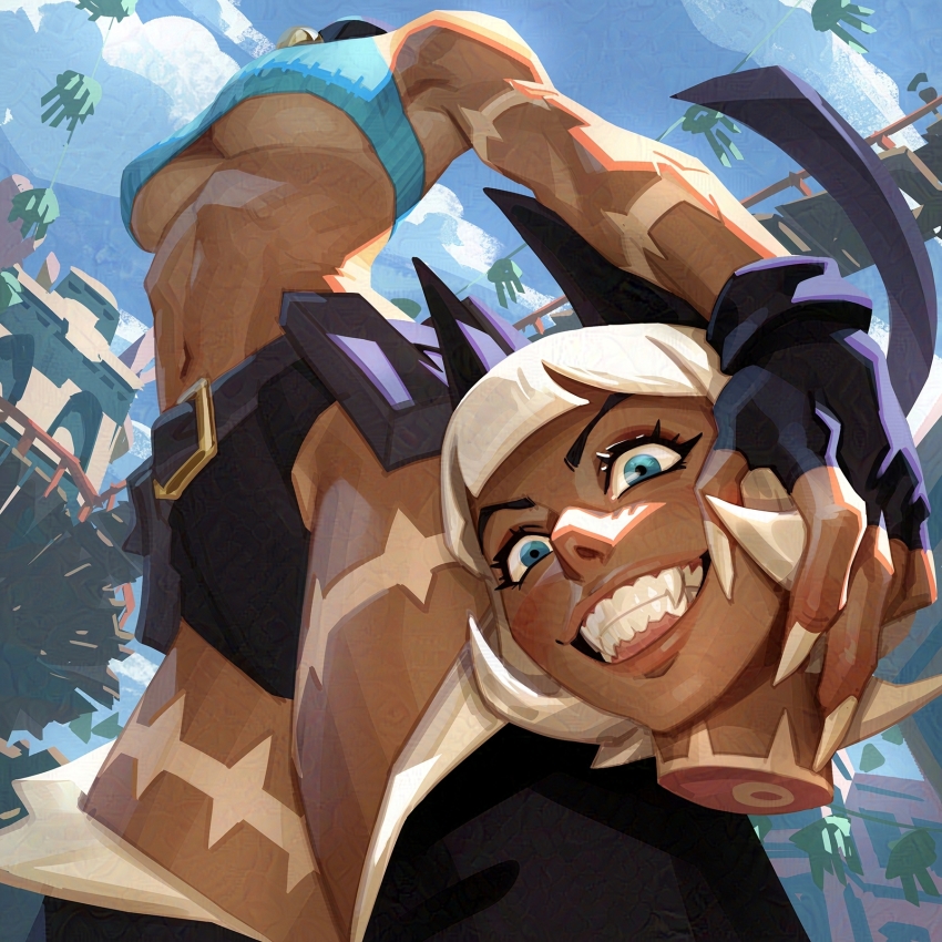 1girl animal_ears belt belt_pouch black_choker black_gloves black_panties blue_eyes bob_cut breasts cat_ears cat_girl cat_tail choker claws collar crop_top dark-skinned_female dark_skin disembodied_head fangs fingerless_gloves fingernails gloves headless highres jeremy_anninos midriff ms._fortune_(skullgirls) navel panties pouch scar severed_head sharp_fingernails short_hair skullgirls smile solo tail toenails underboob underwear white_hair