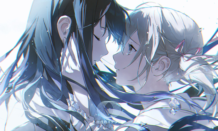 2girls azusawa_kohane black_hair blonde_hair bubble chromatic_aberration closed_eyes eye_contact face-to-face floating_hair from_side hair_ribbon hand_on_another&#039;s_cheek hand_on_another&#039;s_face imminent_kiss long_hair looking_at_another multiple_girls parted_lips pepengeq13 portrait profile project_sekai red_ribbon ribbon shiraishi_an short_hair short_twintails simple_background twintails water_drop white_background yuri