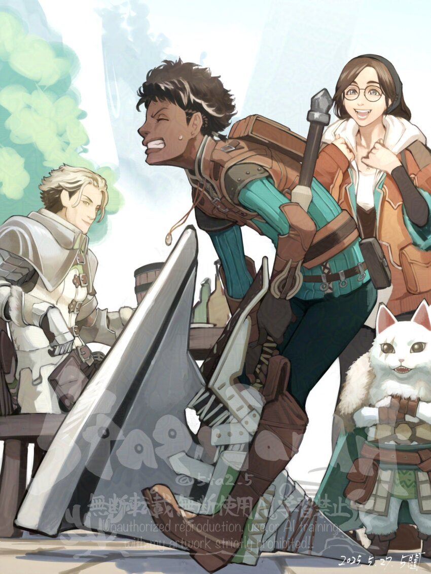 1girl 2boys 5tatsu alma_(monster_hunter_wilds) animal armor armored_gloves axe backpack bag bandana black_bandana black_hair black_pants blonde_hair boots brown_boots brown_hair brown_jacket cat closed_mouth clothed_animal dark-skinned_male dark_skin felyne furrowed_brow glasses highres holding holding_axe jacket laughing leaning_forward leather_armor long_hair monster_hunter_(character) monster_hunter_(series) monster_hunter_wilds multiple_boys nata_(monster_hunter_wilds) open_mouth outdoors pants scar scar_across_eye scar_on_face shirt short_hair sitting smile sweatdrop table white_shirt