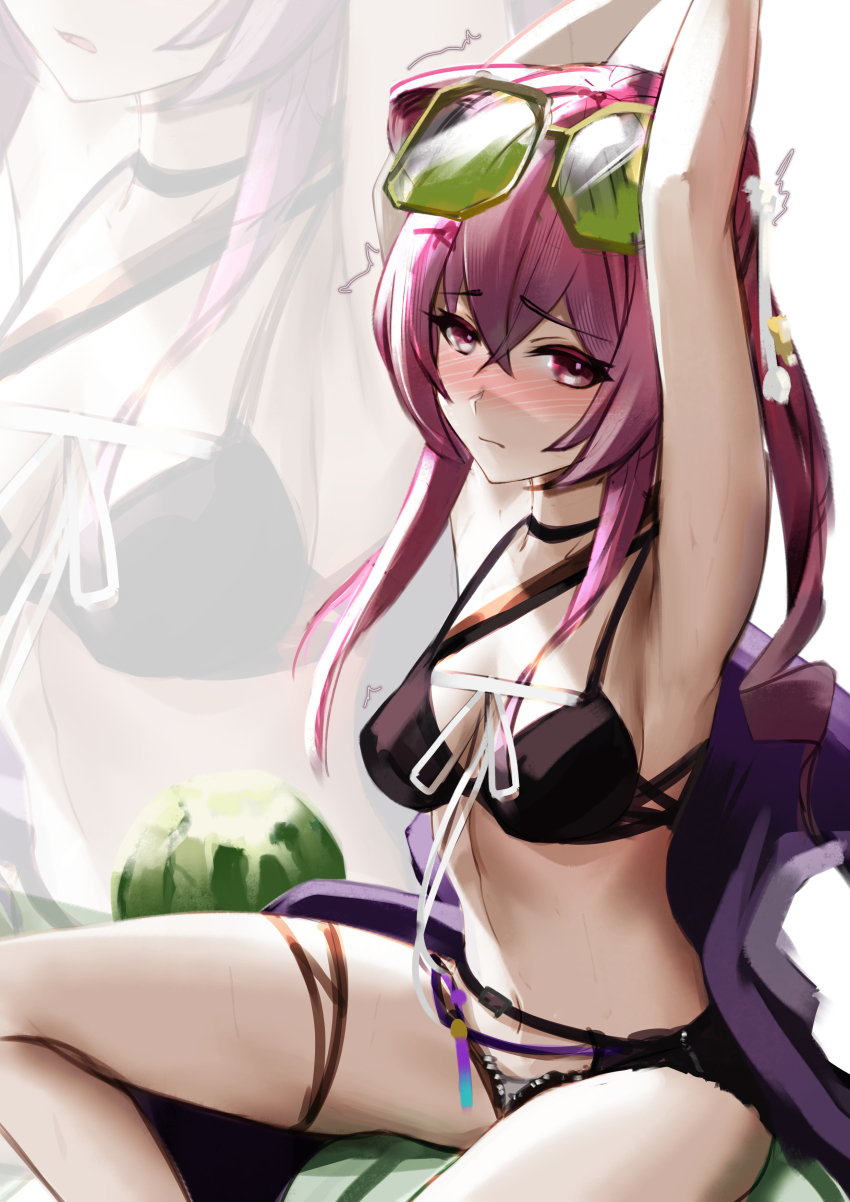 1girl absurdres animal_ears arknights armpits arms_up bikini black_bikini blush breasts cleavage closed_mouth eyewear_on_head food fruit green-tinted_eyewear highres jacket unworn_jacket krirk lin_(arknights) long_hair looking_at_viewer medium_breasts mouse_ears multiple_views navel nose_blush official_alternate_costume parted_lips purple_eyes purple_hair purple_jacket ribbon sitting stomach sunglasses swimsuit thigh_strap tinted_eyewear watermelon white_background white_ribbon yellow-tinted_eyewear zoom_layer