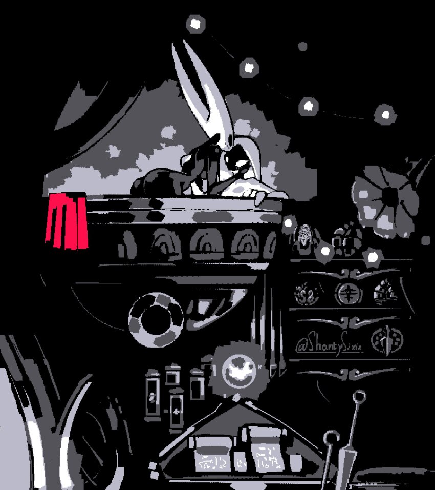 2girls arthropod_girl ass bathtub breasts cloak colored_skin girl_on_top greyscale hand_on_another&#039;s_cheek hand_on_another&#039;s_face hand_on_another&#039;s_shoulder highres hollow_eyes hollow_knight hollow_knight:_silksong horned_mask hornet_(hollow_knight) horns in-universe_location lace_(hollow_knight) looking_at_another mask monochrome multiple_girls needle_(hollow_knight) nude pin_(hollow_knight) red_cloak shantysixix shared_bathing spot_color steam unworn_cloak weapon yuri