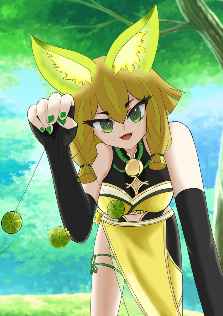 1girl absurdres animal_ear_fluff animal_ears bell black_gloves blonde_hair breasts detached_sleeves duel_monster elbow_gloves fox_ears fox_girl gloves green_eyes green_nails highres holding holding_pendulum hu-li_the_jewel_mikanko japanese_clothes leaning_forward looking_at_viewer medium_breasts midriff nail_polish neck_bell open_mouth pendulum smile solo yeouman35 yu-gi-oh!